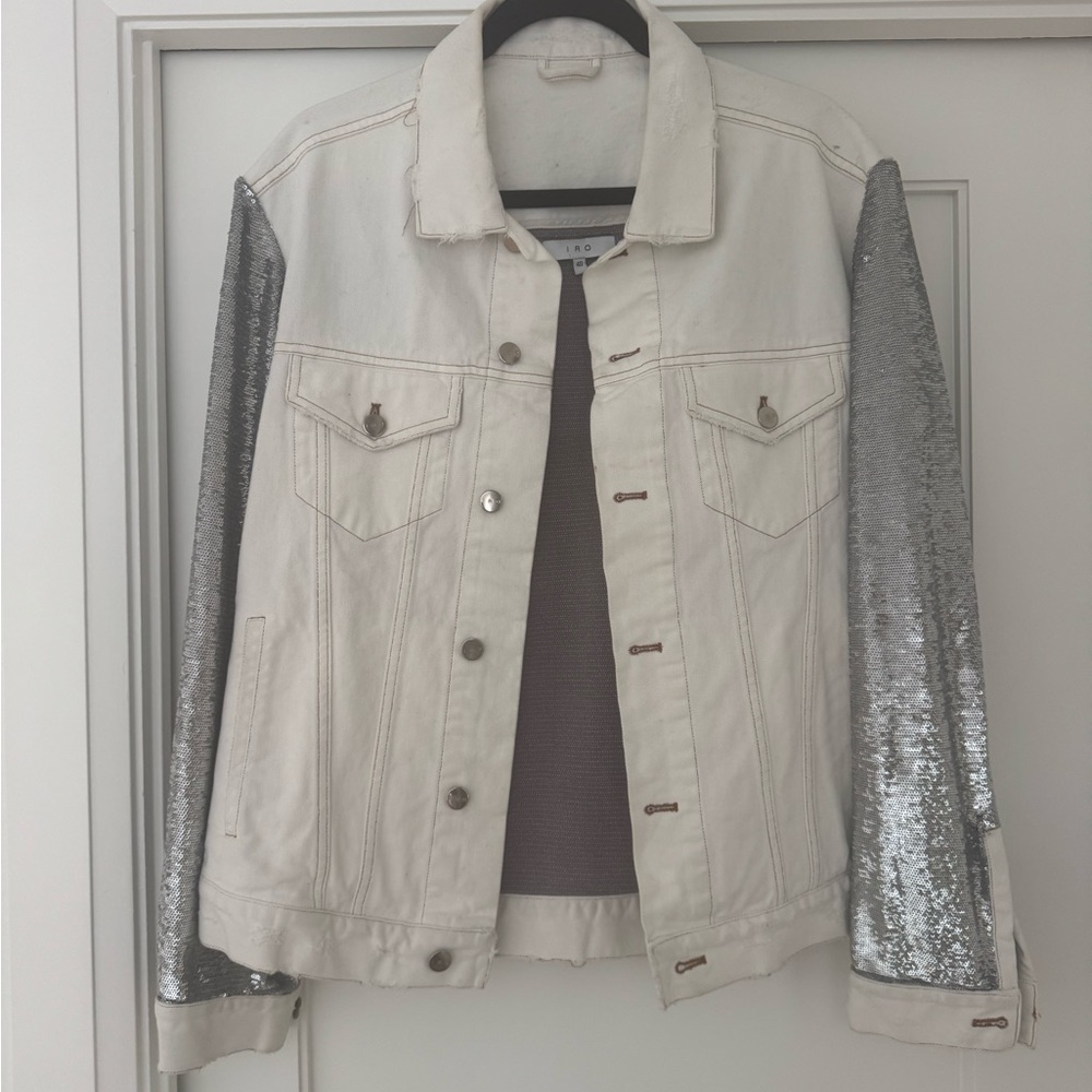 IRO Cream Denim Jacket with Silver Sequin Sleeves